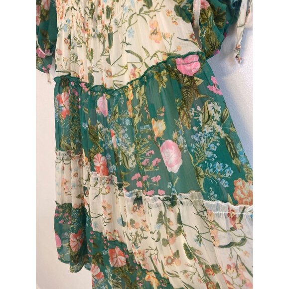 NWT Fig And Flower Green & Cream Floral Boho Tiered Midi Dress W/ Tie Neck Size - Picture 2 of 7